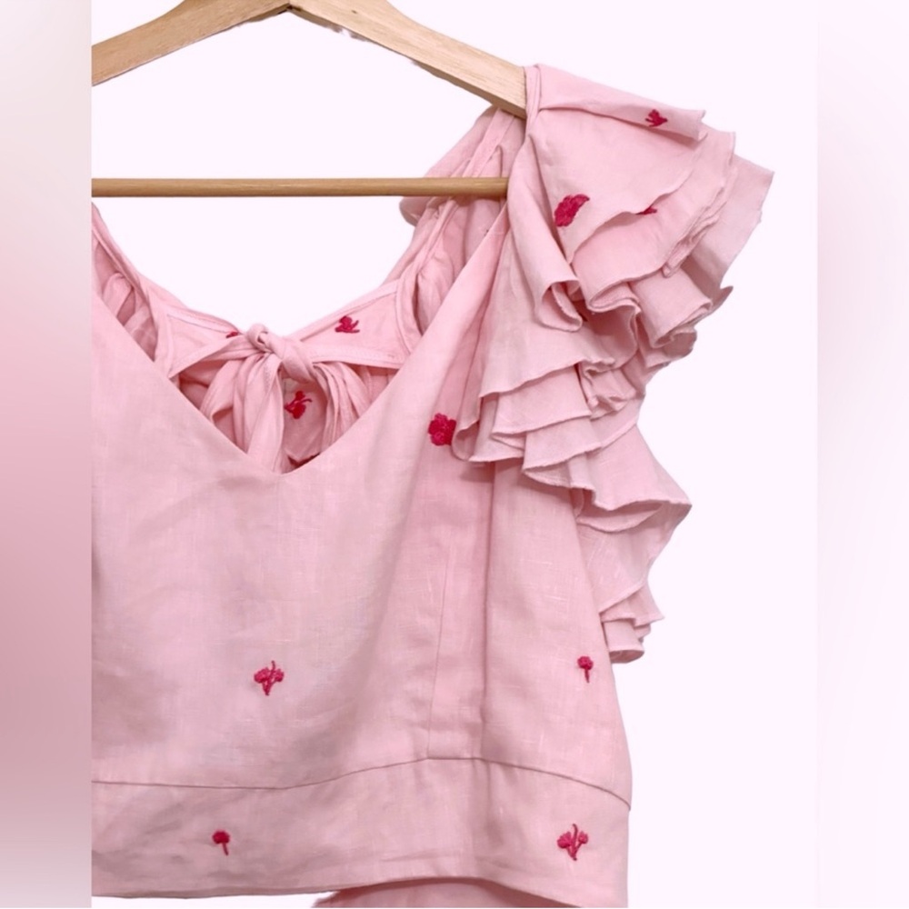 NWT FANM MON Anais Linen Ruffle Embroidered Crop Top in Light pink Size S - Picture 9 of 16